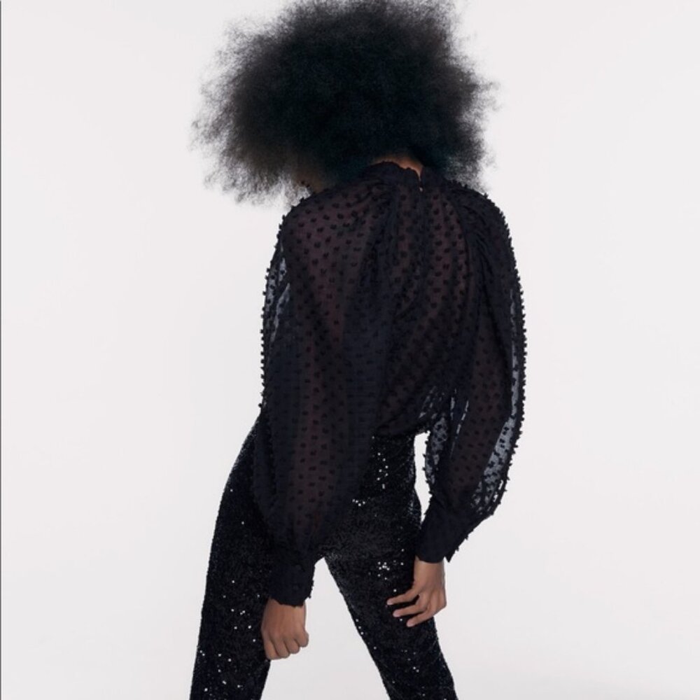 ZARA Textured Dot Weave Semi Sheer High Neck Top Size S - Picture 4 of 13